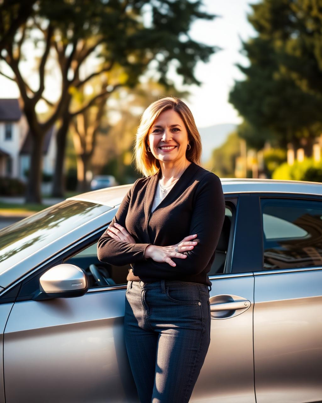 Grace, Burnaby driving instructor, standing beside her lesson vehicle